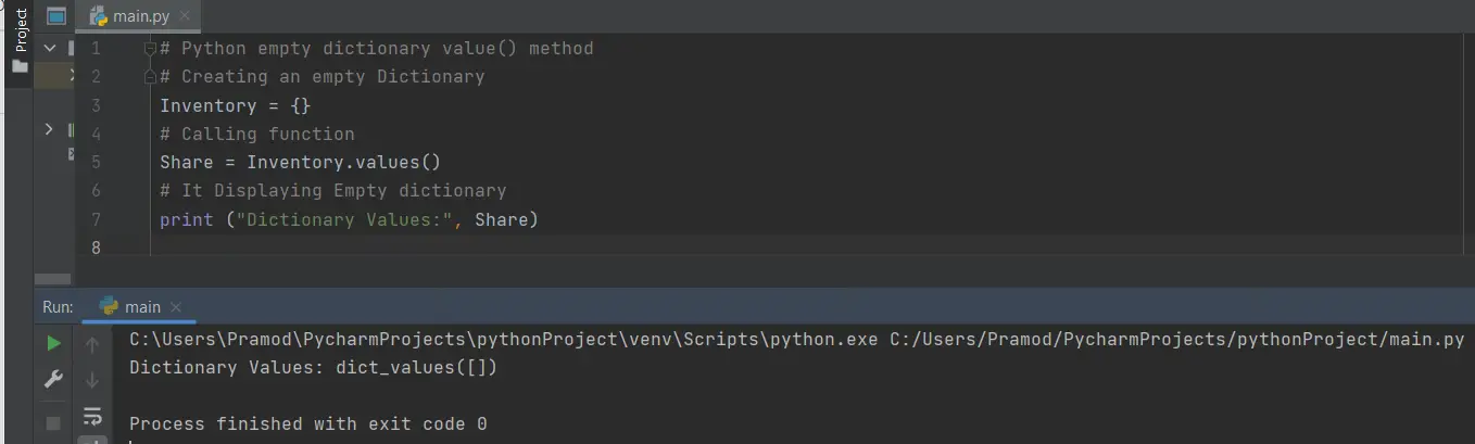 Python empty dictionary value() method
