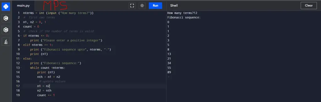 Fibonacci series code