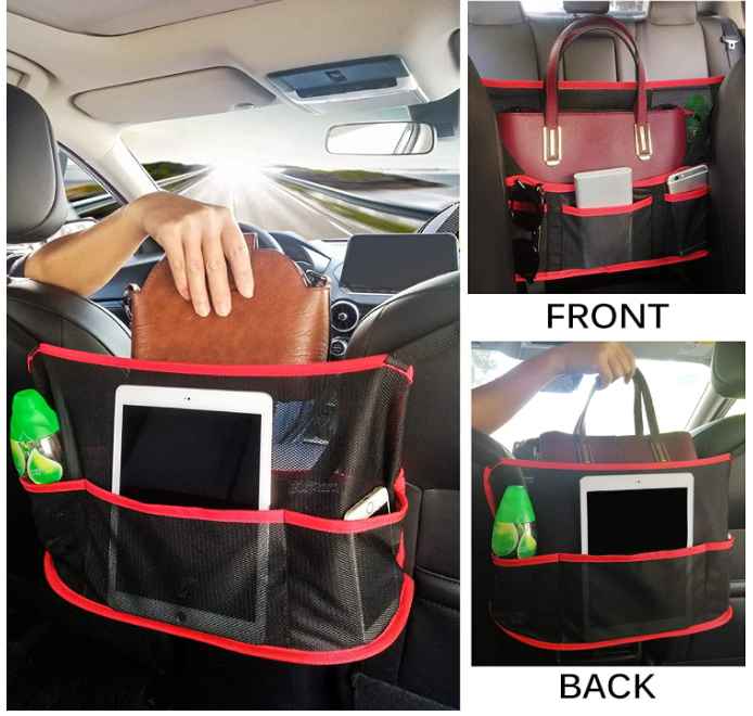 2. Damocles Car-Net Pocket Large Adjustable Buckle Strap Car Seat Bag Holder Car Mesh Purse Holder Between Seats