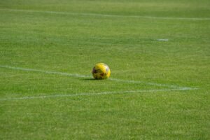Soccer ball on a grass pitch ahead of Levante vs Atlético Madrid in LaLiga