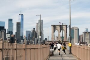 Manhattan skyline seen from the Brooklyn Bridge for the New York City Marathon 2026